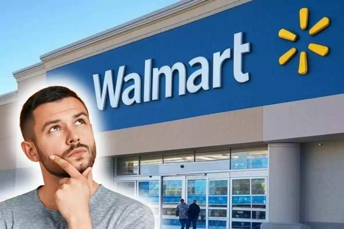 Hombre pensativo frente a la entrada de una tienda Walmart. Hombre pensativo frente a la entrada de una tienda Walmart.