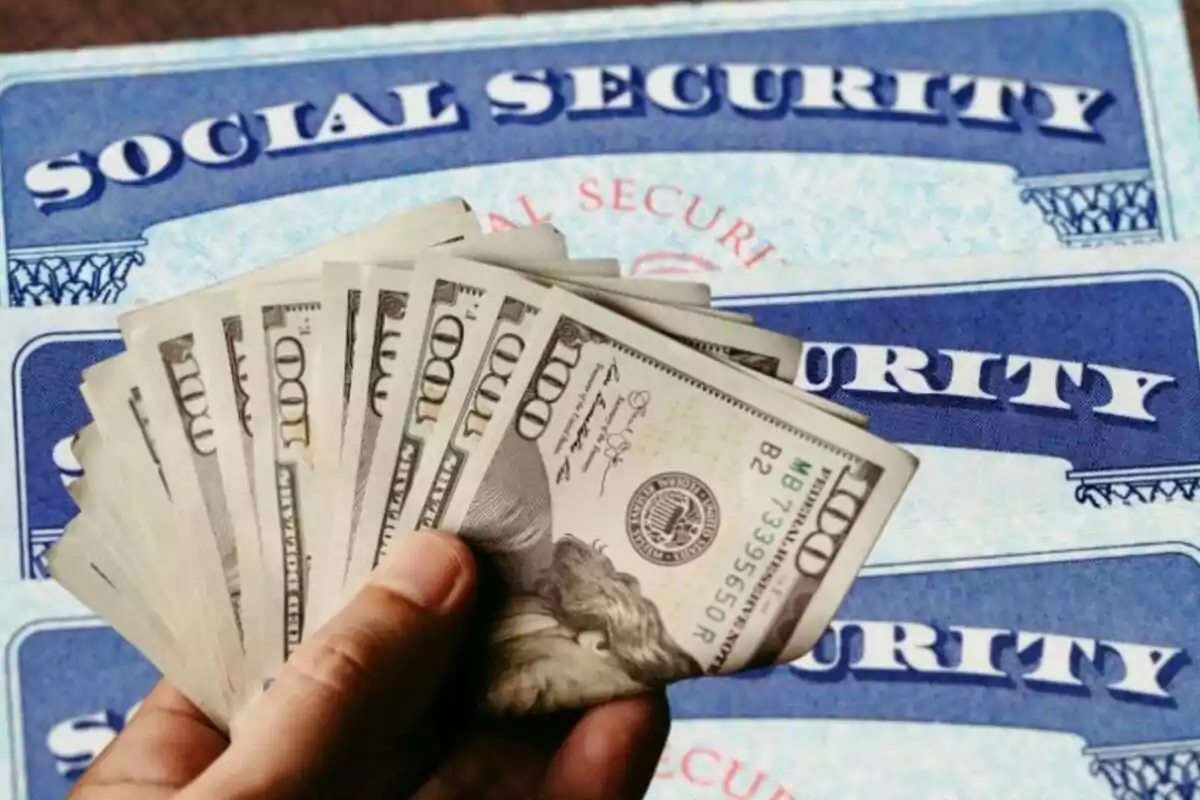Mano sosteniendo billetes de cien dólares frente a tarjetas de seguro social de Estados Unidos Mano sosteniendo billetes de cien dólares frente a tarjetas de seguro social de Estados Unidos