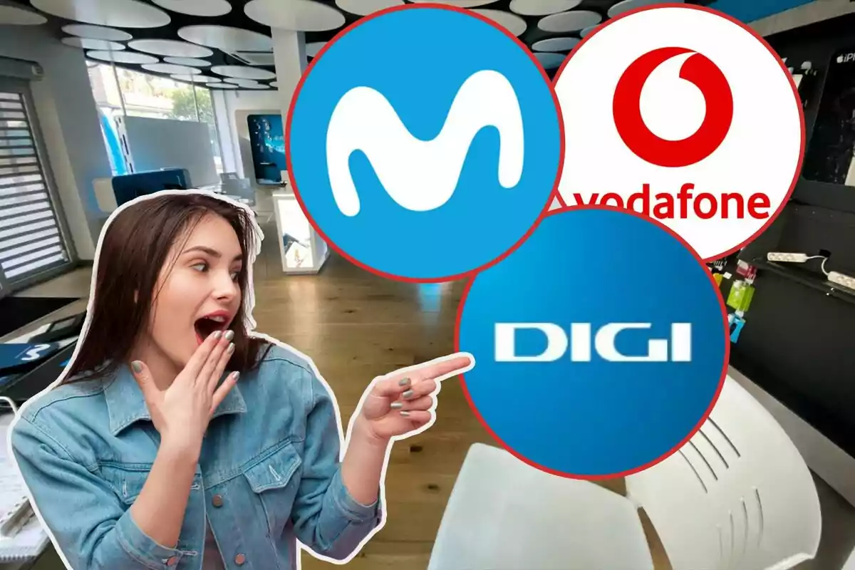 Una mujer sorprendida señala hacia los logotipos de Movistar, Vodafone y Digi en una tienda de tecnología.