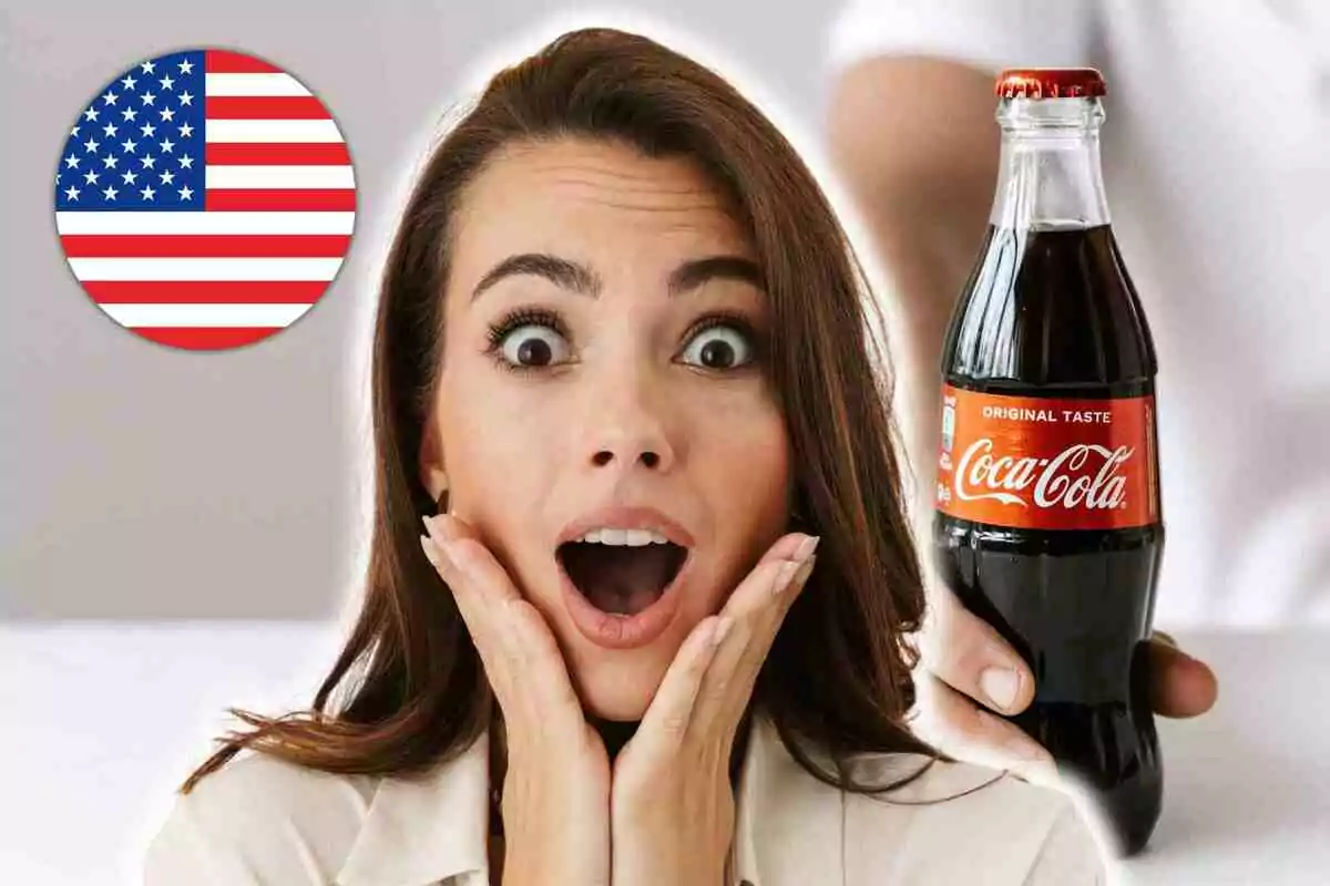 A woman with a surprised expression next to a bottle of Coca-Cola and a United States flag in the background. A woman with a surprised expression next to a bottle of Coca-Cola and a United States flag in the background.