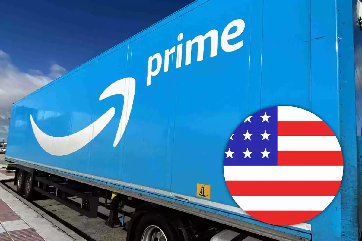 Un camión azul con el logotipo de Amazon Prime y un gráfico de la bandera de Estados Unidos.