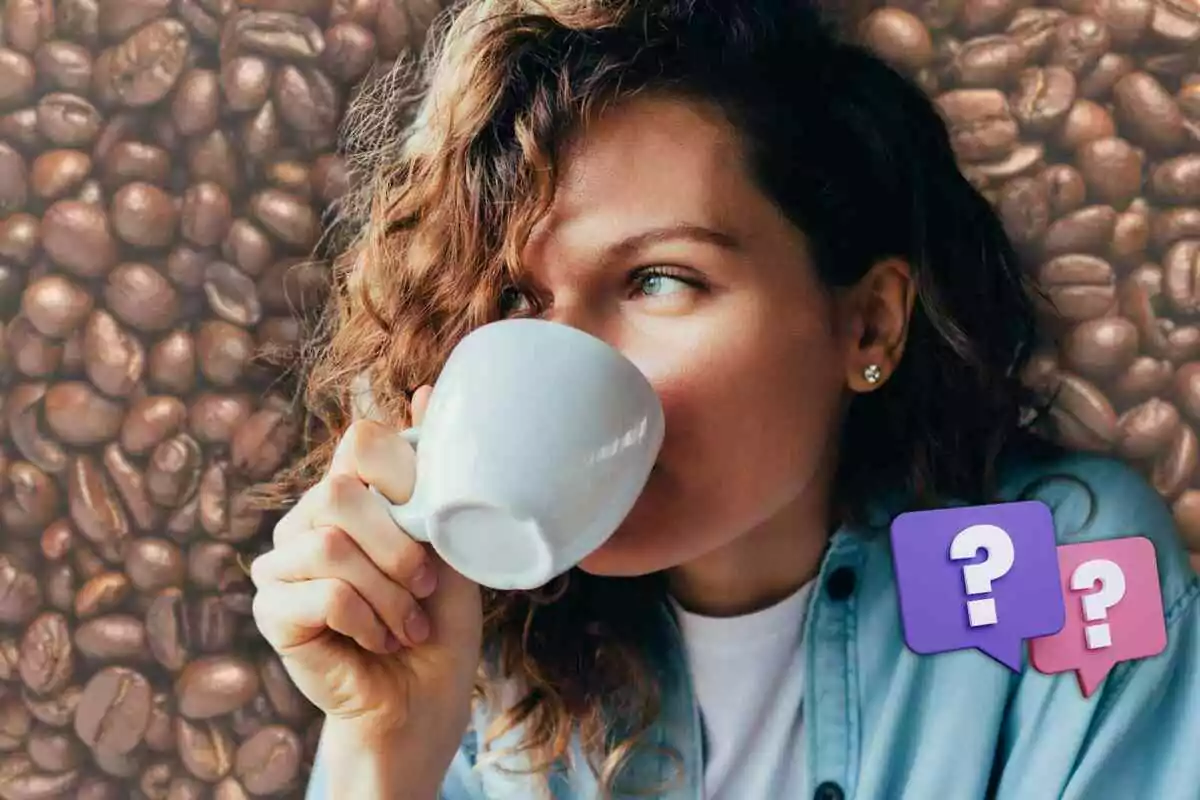 A person with curly hair drinks from a white cup in front of a background of coffee beans with two speech bubble icons with question marks. A person with curly hair drinks from a white cup in front of a background of coffee beans with two speech bubble icons with question marks.