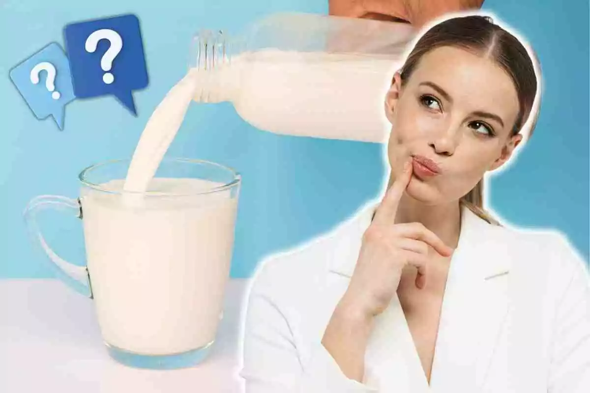 Una mujer pensativa observa un vaso de leche mientras se vierte el líquido, con signos de interrogación en el fondo. Una mujer pensativa observa un vaso de leche mientras se vierte el líquido, con signos de interrogación en el fondo.