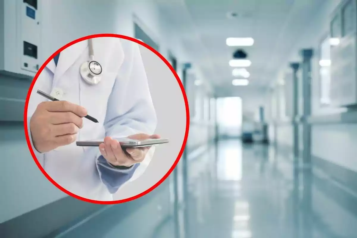 Un médico con bata blanca y estetoscopio usando un dispositivo móvil en un pasillo de hospital.
