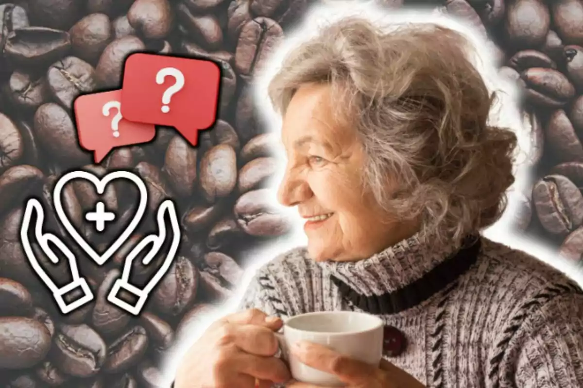 Senior woman smiling with a cup of coffee in her hand on a background of coffee beans with health icons and questions.