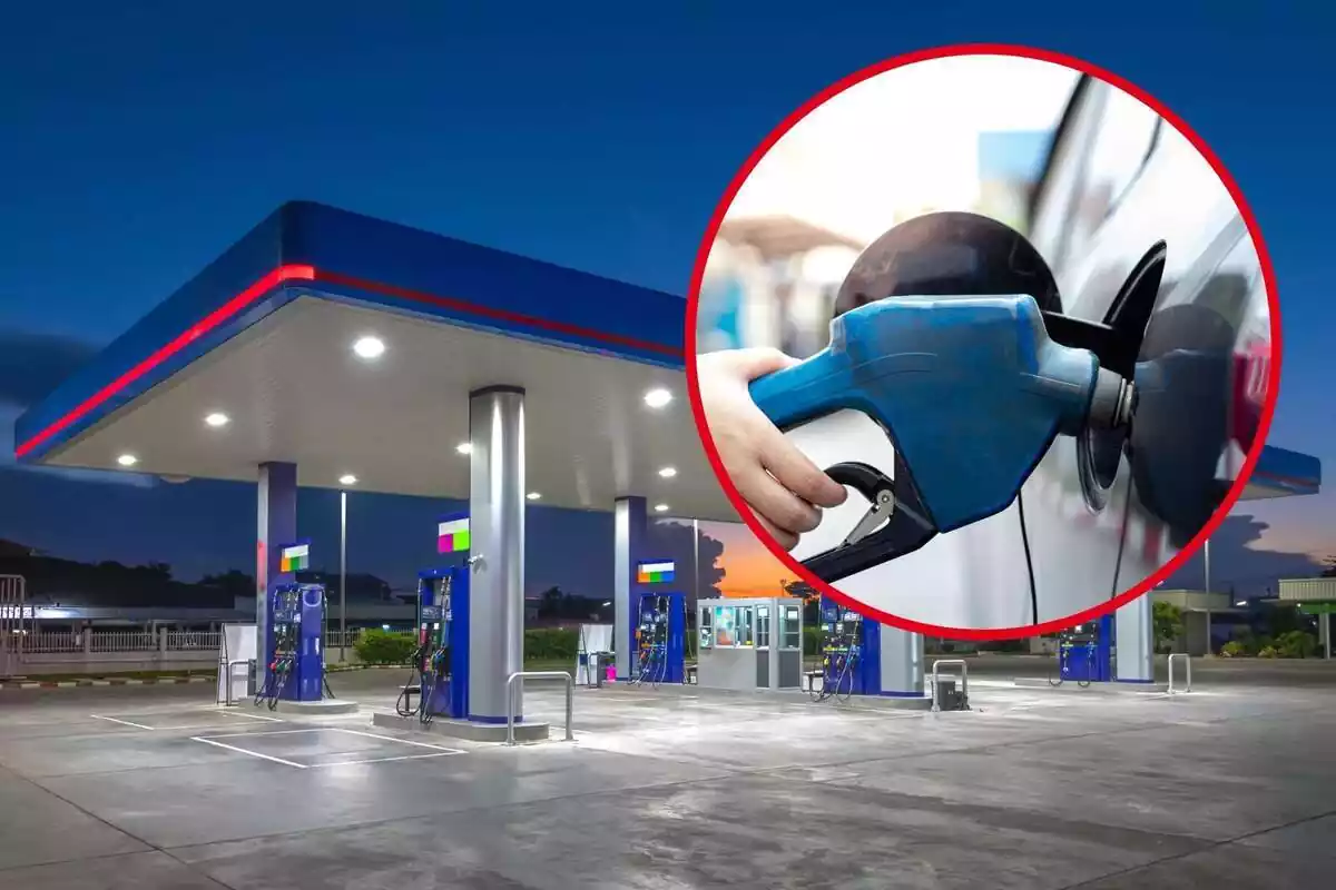 Montaje con una imagen de una gasolinera y un círculo con una mano sujetando un surtidor repostando un coche Montaje con una imagen de una gasolinera y un círculo con una mano sujetando un surtidor repostando un coche