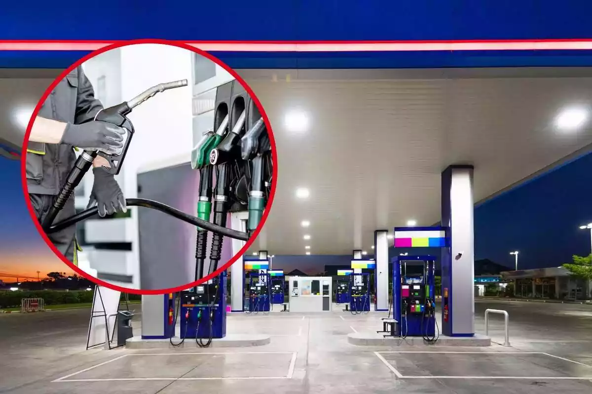 Montage with a gas station and a circle with a worker with a pump in his hand Montage with a gas station and a circle with a worker with a pump in his hand