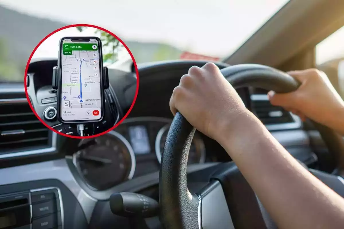 Montage showing a person driving and another image in a frame with a GPS in operation Montage showing a person driving and another image in a frame with a GPS in operation