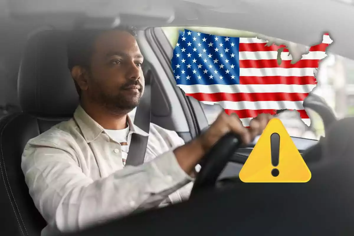 Hombre conduciendo un auto con un mapa de Estados Unidos con la bandera y un símbolo de advertencia amarillo superpuestos