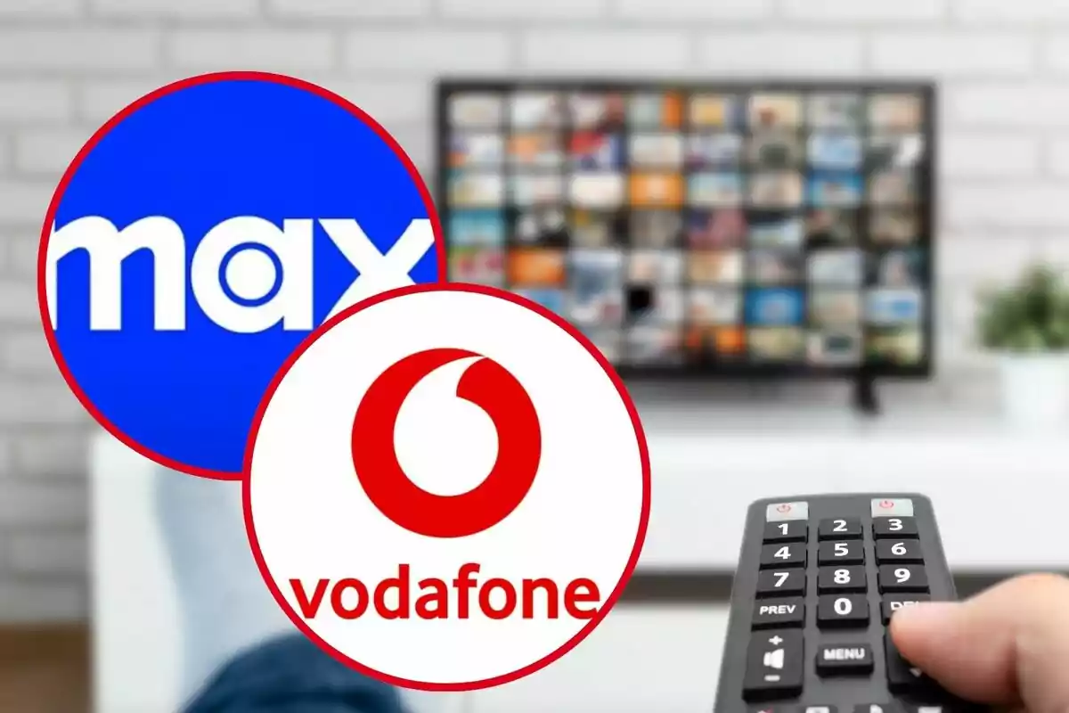 Logos de Max y Vodafone sobre una imagen de una persona usando un control remoto frente a un televisor.