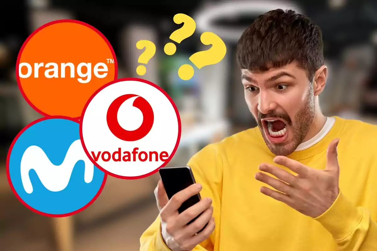 Un hombre con expresión de sorpresa o confusión mira su teléfono móvil mientras los logotipos de Orange, Vodafone y Movistar flotan a su alrededor con signos de interrogación amarillos.