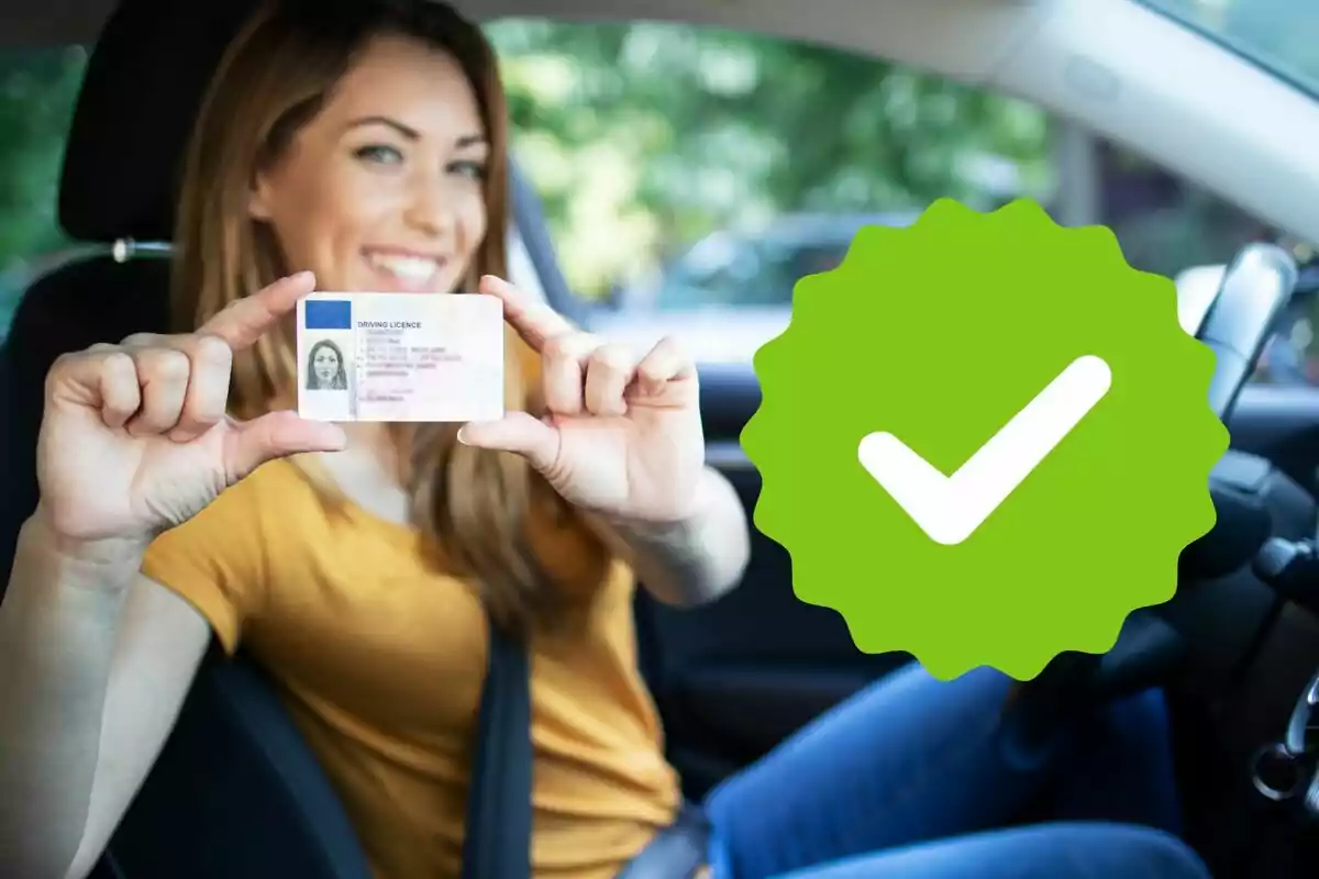 Smiling woman sitting in a car showing her driver's license with a large green check mark in front
