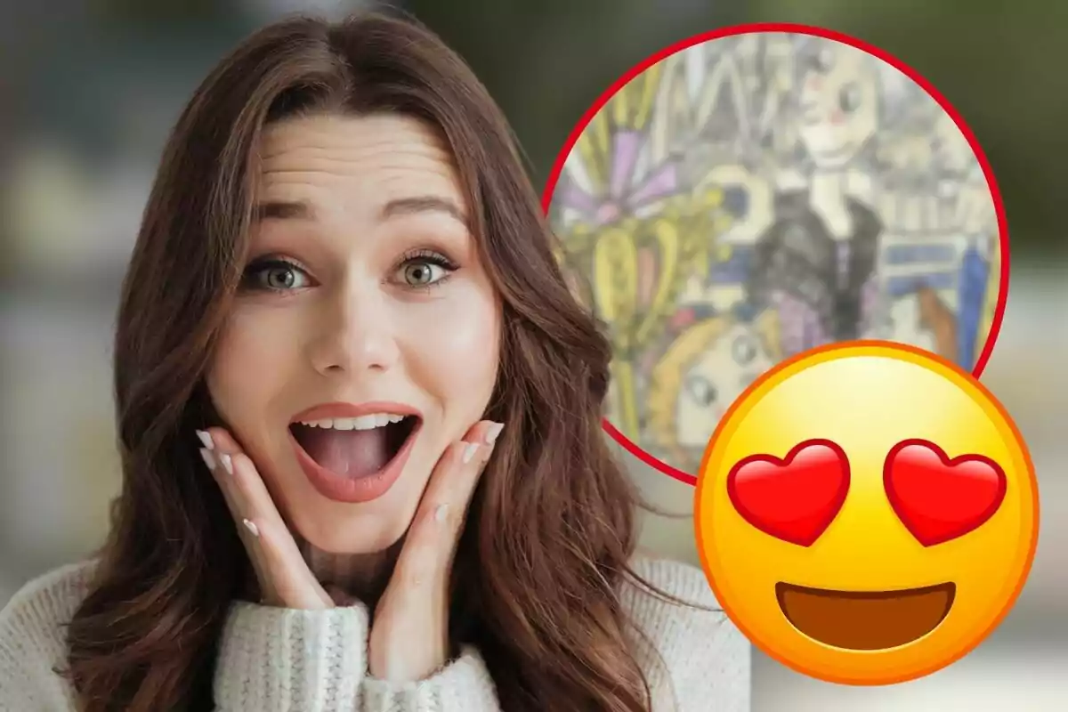 Mujer joven con expresión de sorpresa y emoji de cara con ojos de corazón.