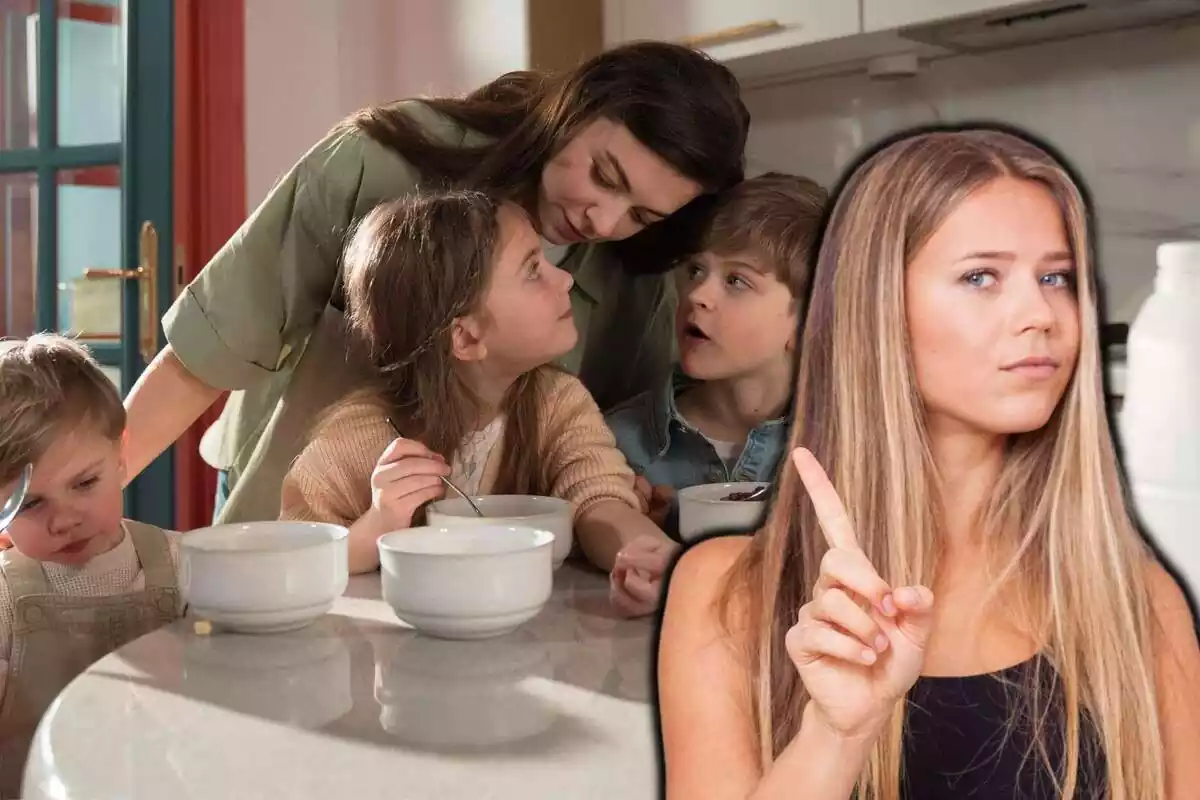 Montaje de unos niños comiendo con su madre y una chica diciendo 'no' con el dedo Montaje de unos niños comiendo con su madre y una chica diciendo 'no' con el dedo