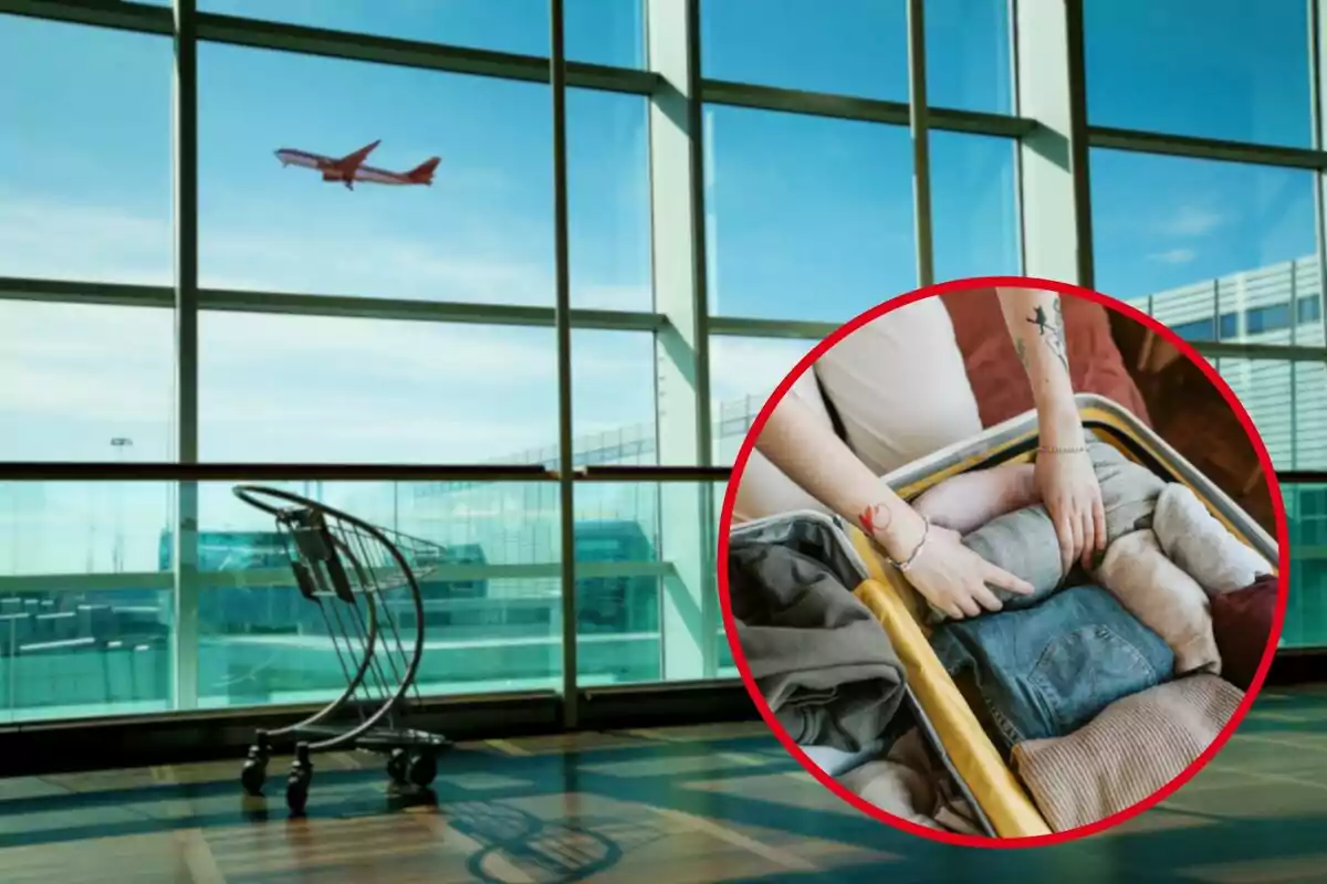 A person packing a suitcase at an airport with a plane taking off in the background. A person packing a suitcase at an airport with a plane taking off in the background.