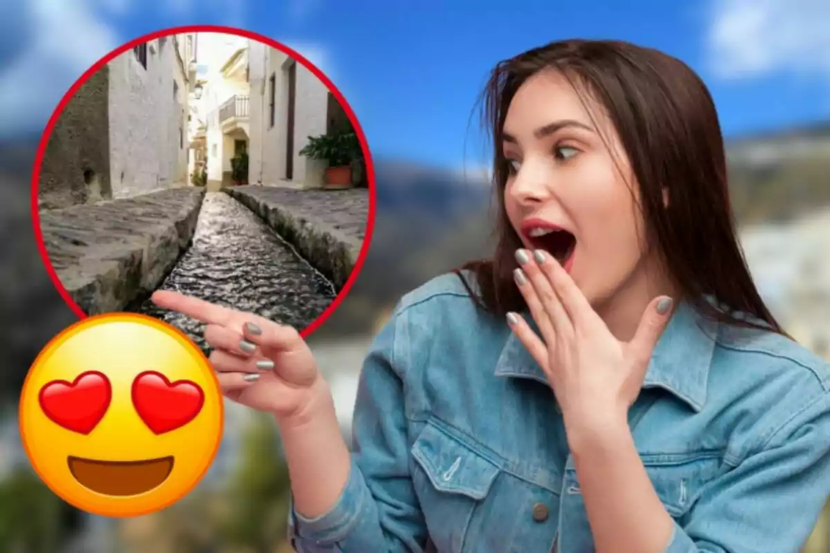 Una mujer sorprendida señala una imagen circular de una calle estrecha con un canal de agua en el centro, acompañada de un emoji con ojos de corazón.