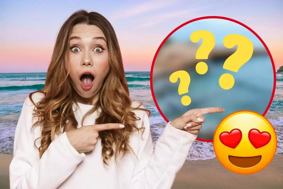 Una mujer con expresión de sorpresa y emoción, señalando hacia un círculo con signos de interrogación y un emoji de ojos de corazón, con un fondo de playa al atardecer.