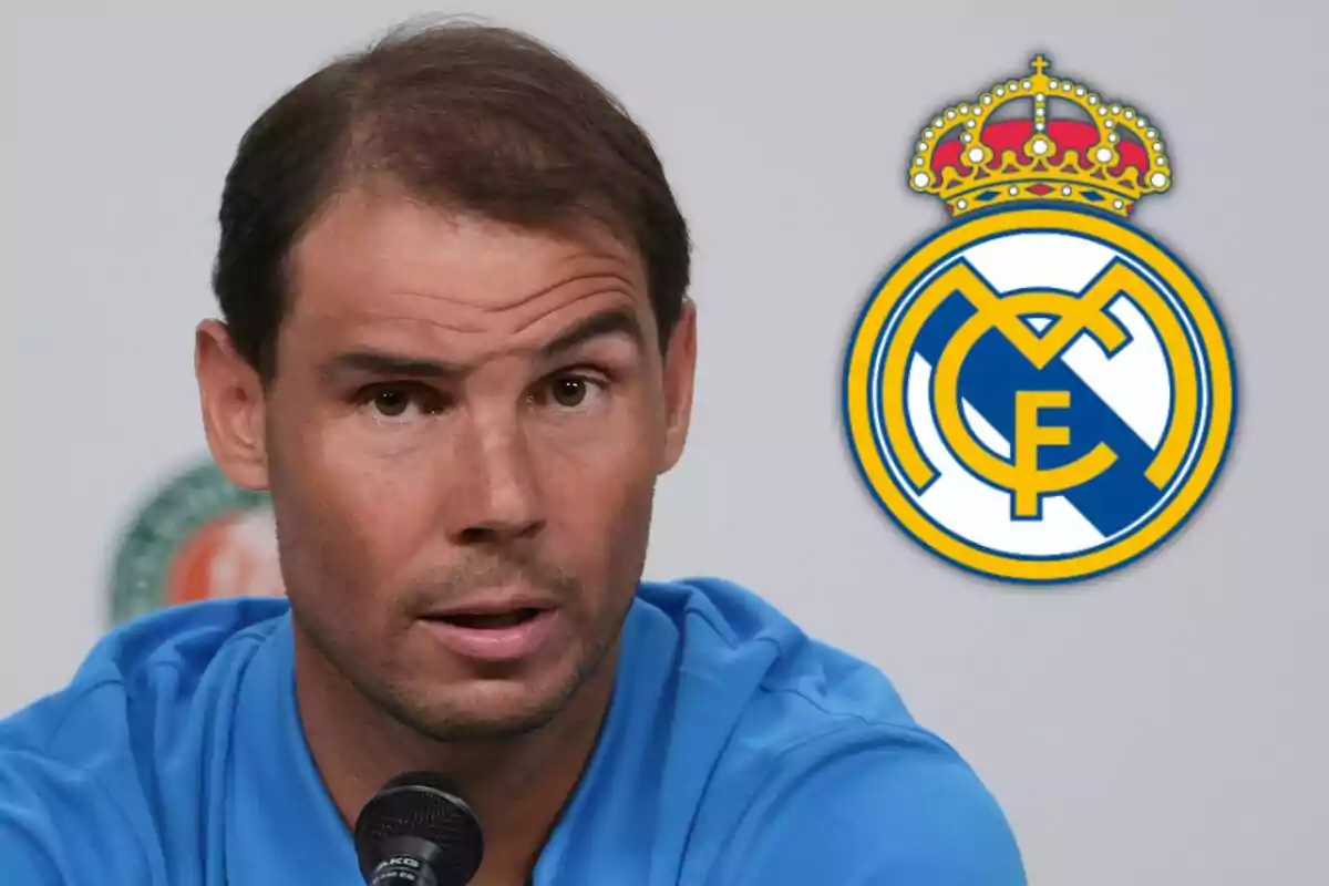 Rafa Nadal at a press conference with the Real Madrid logo in the background.