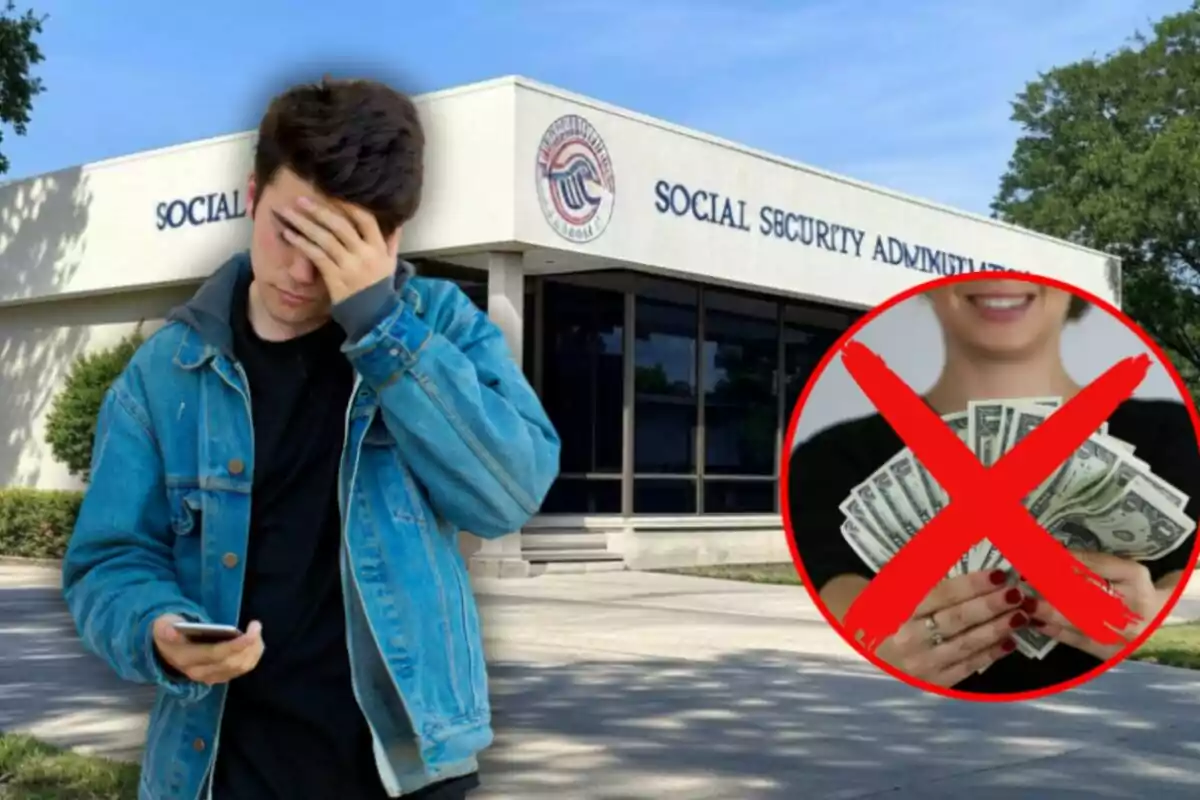 A young man in a denim jacket covers his face with one hand while holding a phone in front of a Social Security Administration building; to the right, a red circle with a red cross over an image of a person holding money. A young man in a denim jacket covers his face with one hand while holding a phone in front of a Social Security Administration building; to the right, a red circle with a red cross over an image of a person holding money.
