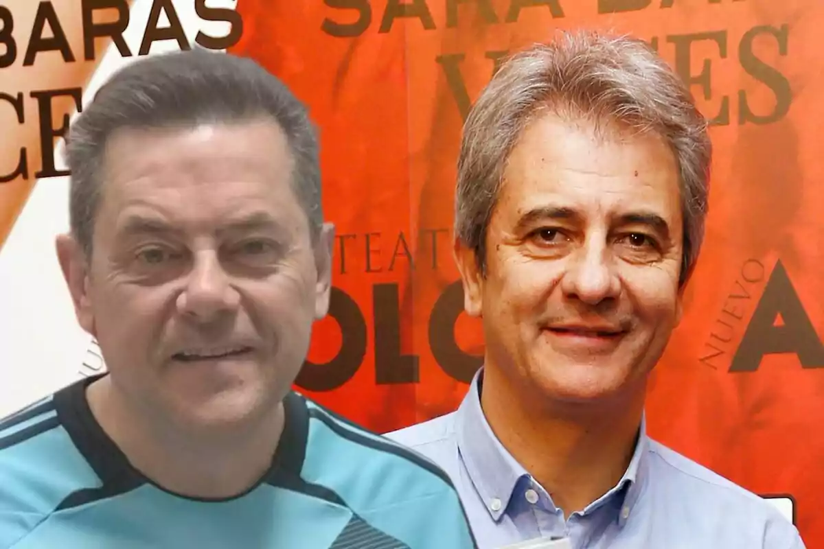 Tomás Roncero y Manolo Lama posan frente a un fondo rojo con texto.