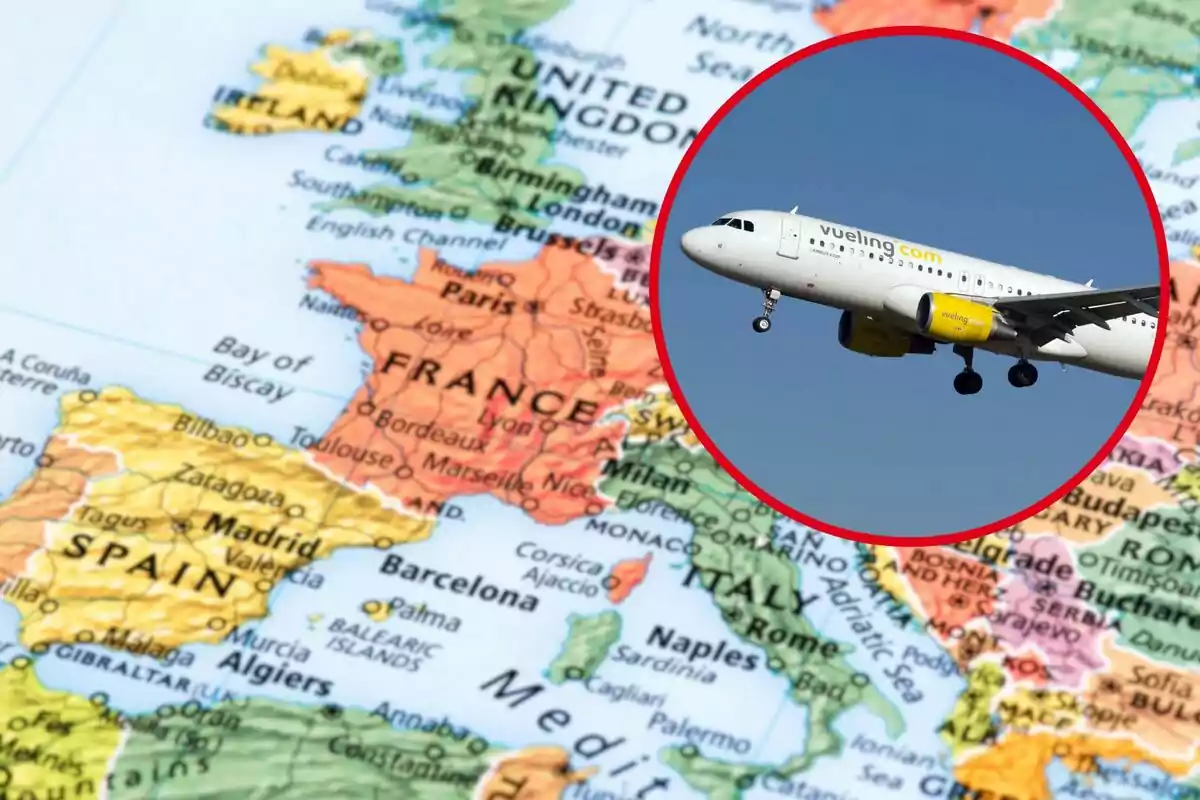 Map of Europe with a Vueling plane in a red circle flying over. Map of Europe with a Vueling plane in a red circle flying over.
