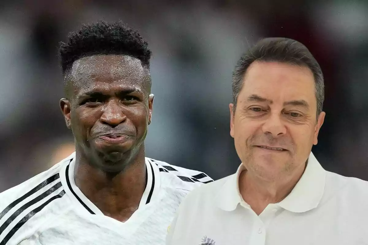 Vinícius Junior and Tomás Roncero posing, one in a black and white sports shirt and the other in a white shirt, both smiling.