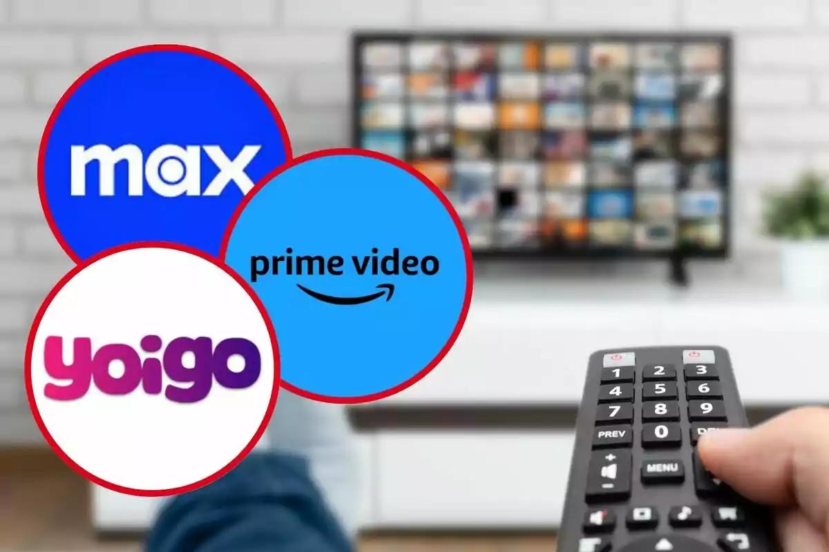 Persona sosteniendo un control remoto frente a una televisión con logotipos de Max, Prime Video y Yoigo superpuestos.