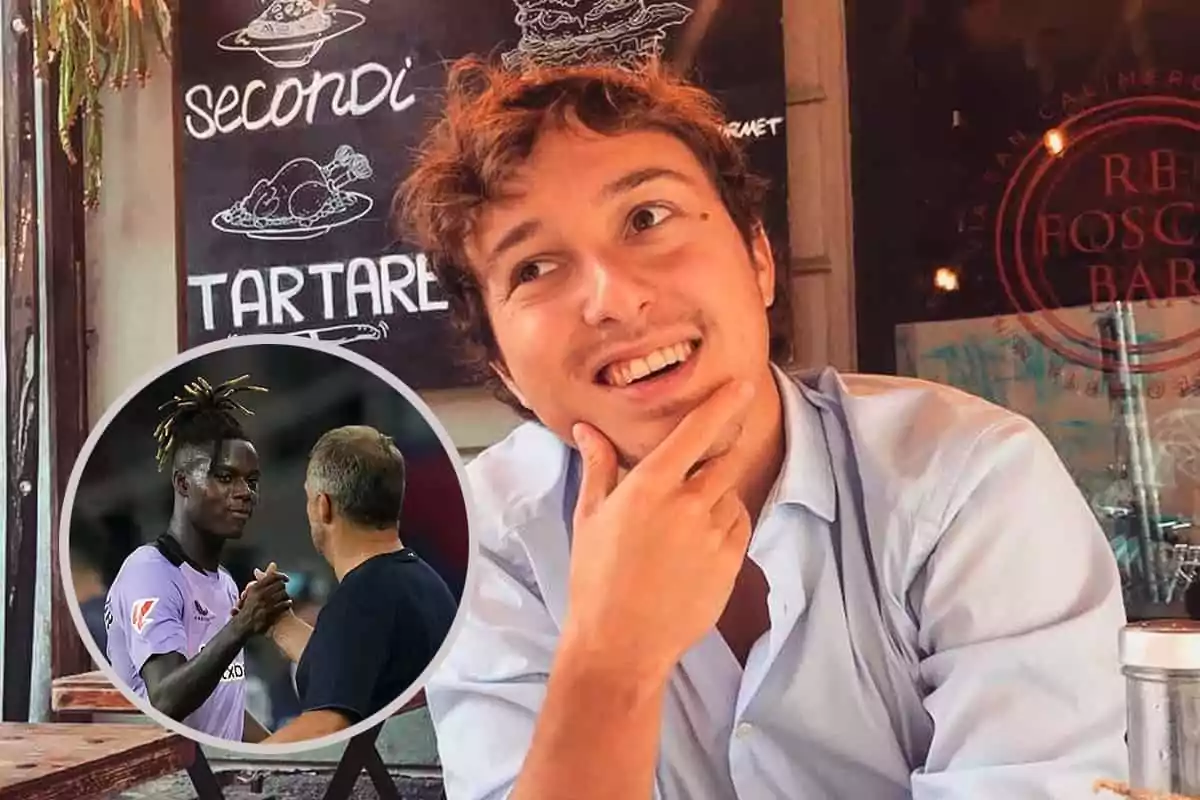 Matteo Moretto sonriente está sentado en un restaurante con un menú en la pared detrás de él, mientras que en la esquina inferior izquierda hay una imagen insertada de Nico Williams y Flick dándose la mano en un campo de fútbol.