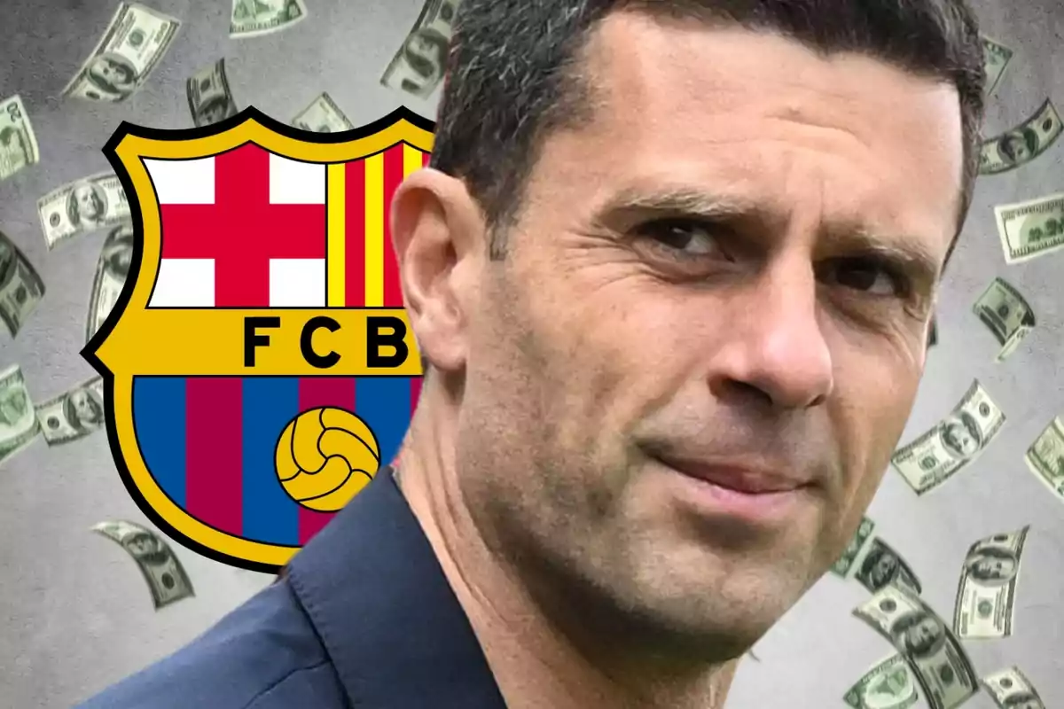 A man with a serious expression in front of the FC Barcelona shield and dollar bills floating around.