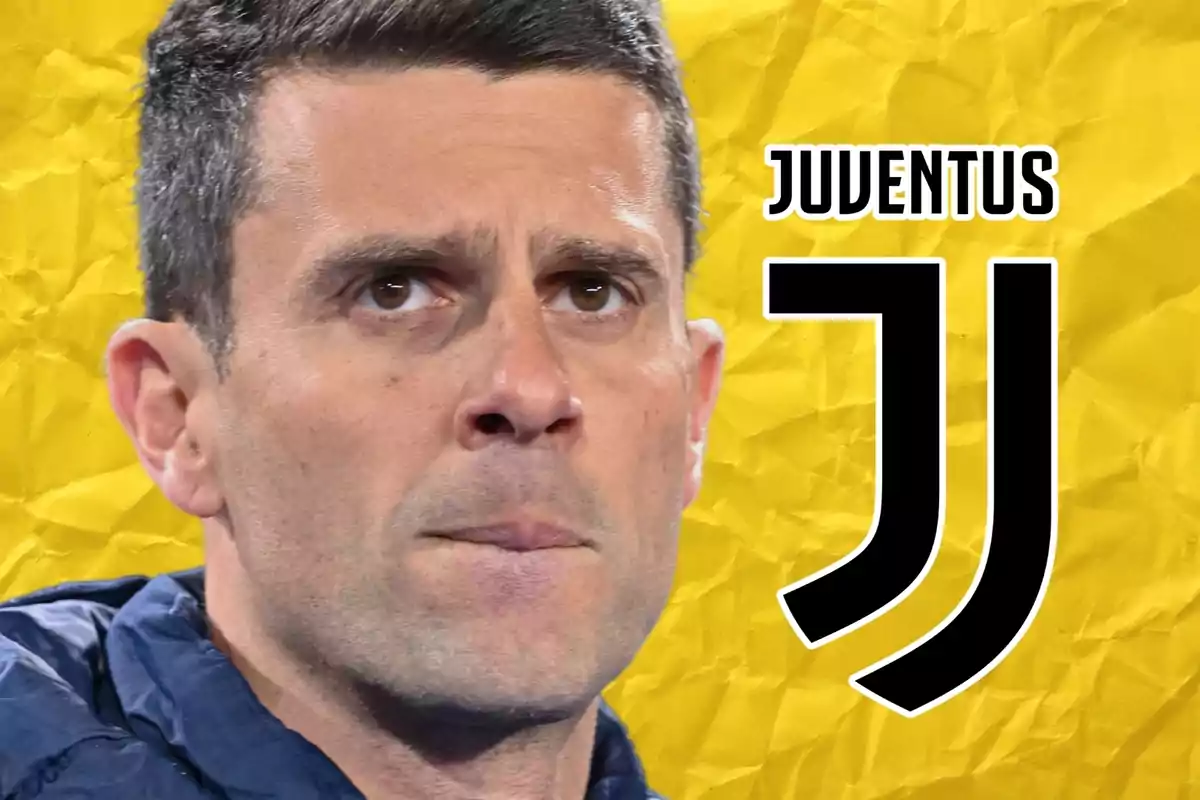 Thiago Motta in the foreground on a yellow background and the Juventus shield