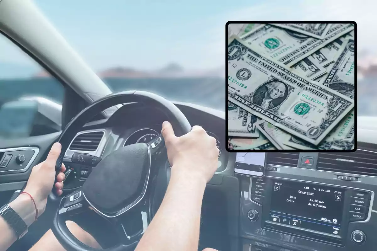 Persona conduciendo un automóvil con un recuadro que muestra varios billetes de dólar estadounidense Persona conduciendo un automóvil con un recuadro que muestra varios billetes de dólar estadounidense