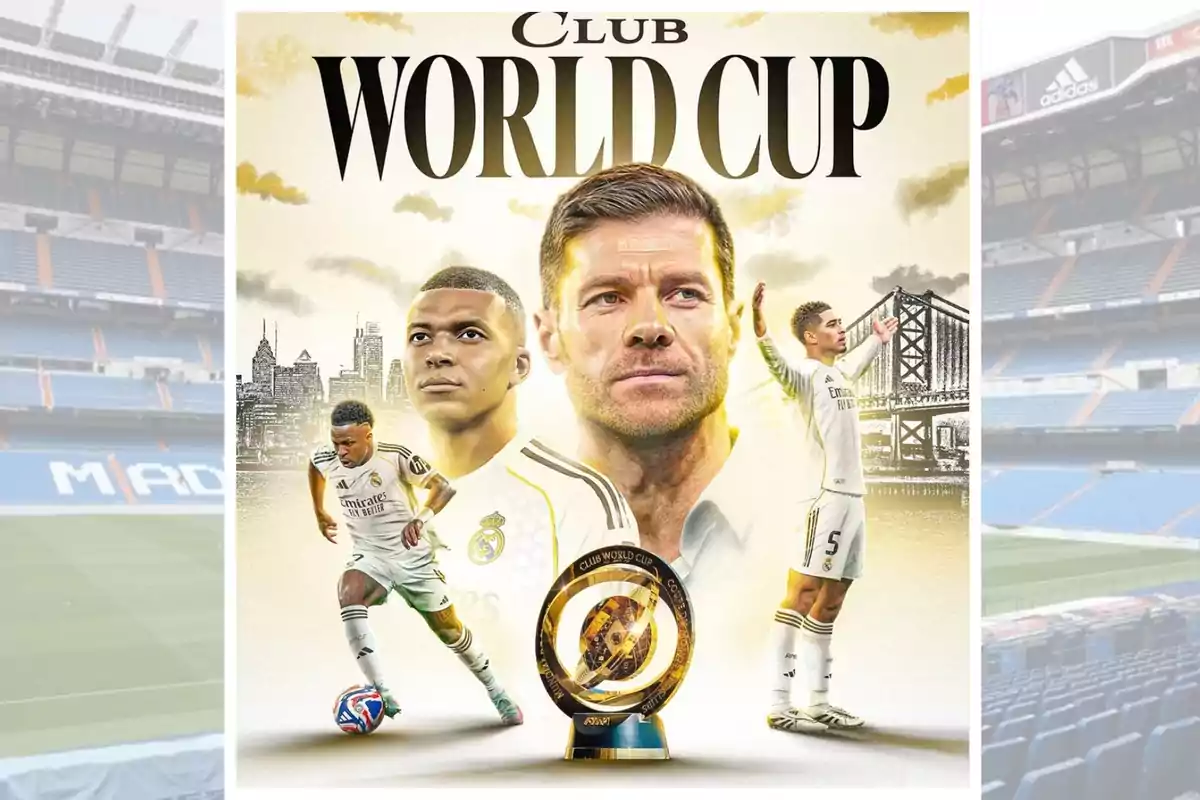Cartel promocional del Mundial de Clubes con jugadores y entrenador del Real Madrid, un trofeo en el centro y un fondo de estadio y ciudad Cartel promocional del Mundial de Clubes con jugadores y entrenador del Real Madrid, un trofeo en el centro y un fondo de estadio y ciudad