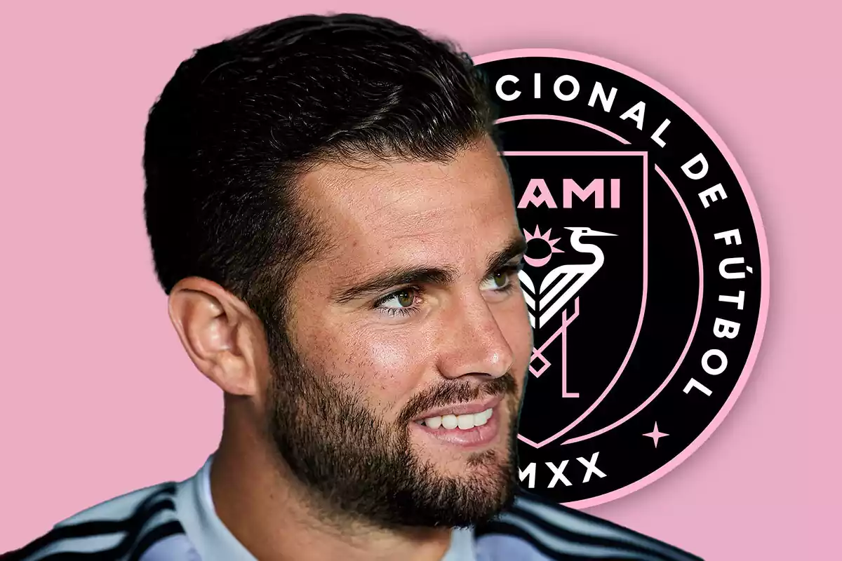 Nacho con un fondo rosa y el escudo del Inter Miami