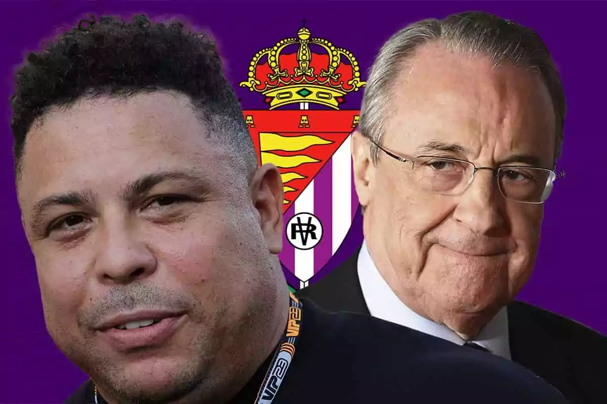 Ronaldo Nazario y Florentino Pérez frente al escudo del Real Valladolid con fondo morado.