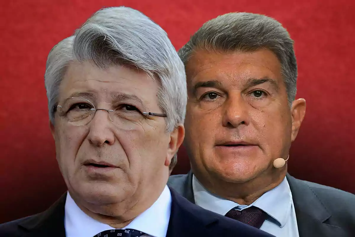 Enrique Cerezo y Joan Laporta de traje con fondo rojo.