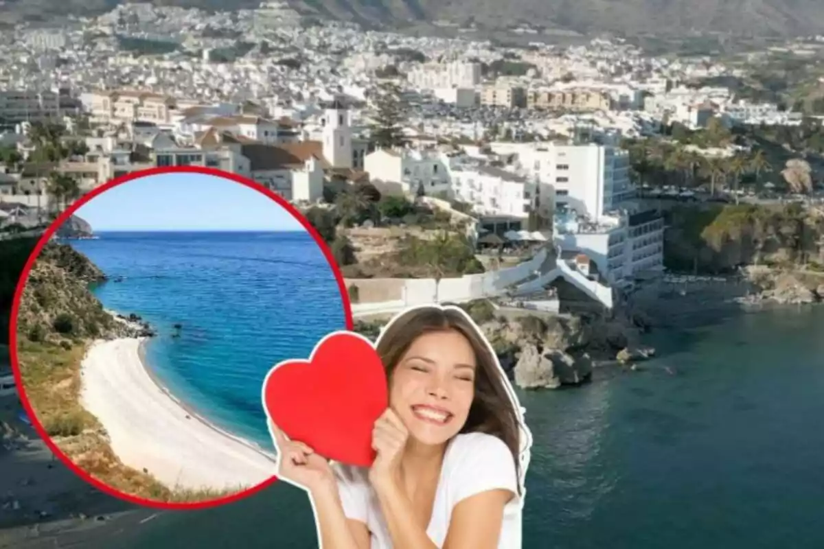 Una mujer sonriente sostiene un corazón rojo frente a una vista panorámica de una ciudad costera con un recuadro que muestra una playa de arena blanca y aguas cristalinas.