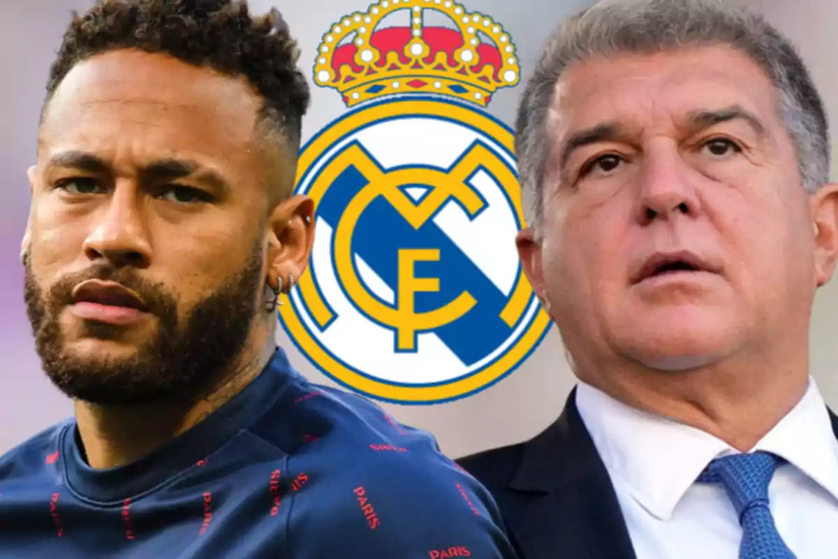 Neymar y Joan Laporta con el escudo del Real Madrid