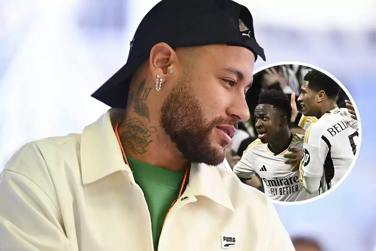 Neymar con gorra negra y camisa beige de Puma, con un tatuaje visible en el cuello, y una imagen insertada de Vinicius y Bellingham celebrando.