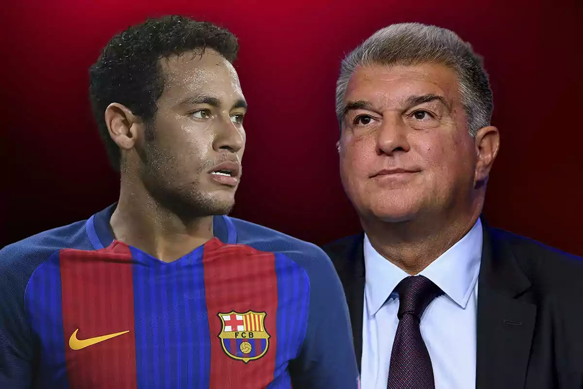 Two men, one wearing an FC Barcelona soccer jersey and the other in a suit, against a red background.