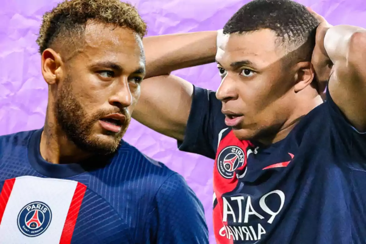 Two soccer players wearing PSG jerseys on a purple background.