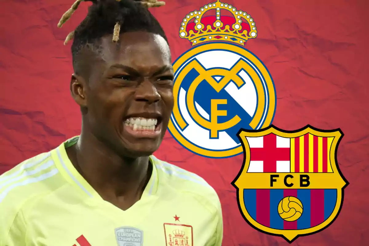 Futbolista con expresión de emoción frente a los escudos de Real Madrid y Barcelona sobre un fondo rojo