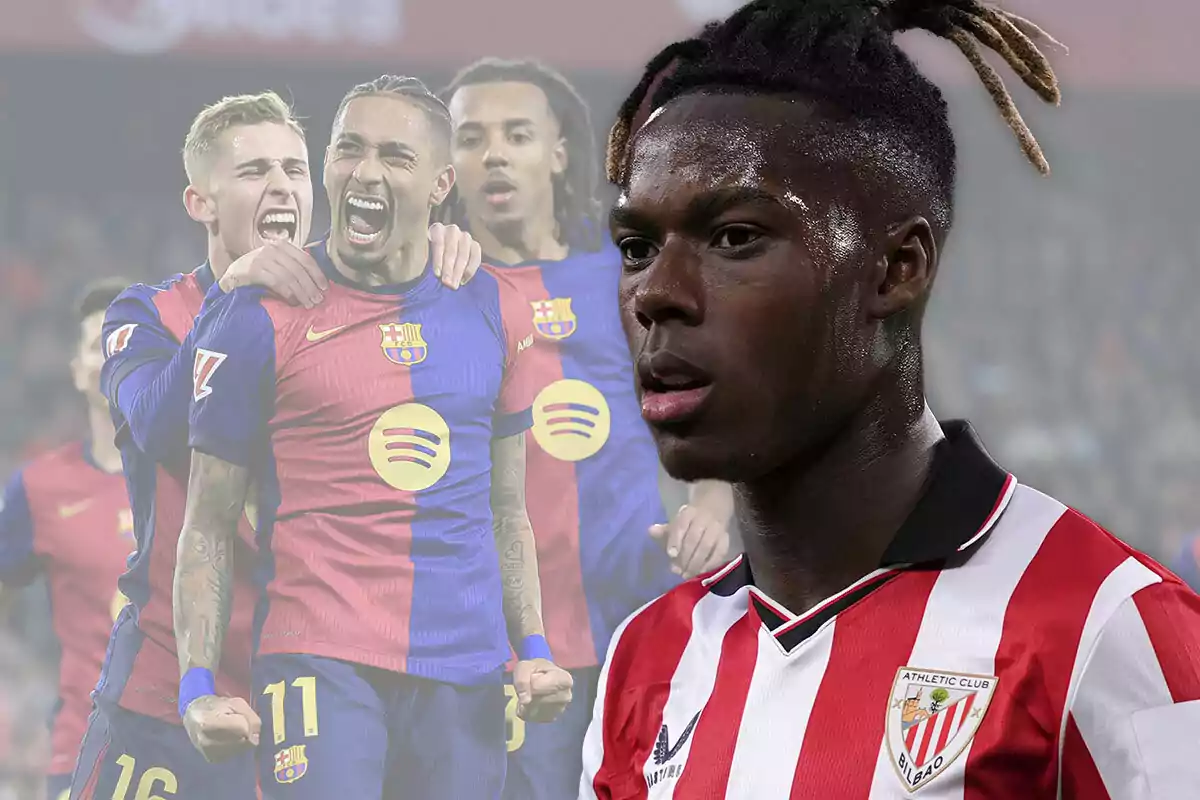 Un jugador del Athletic Club en primer plano con expresión seria y jugadores del Barcelona celebrando en el fondo desenfocado