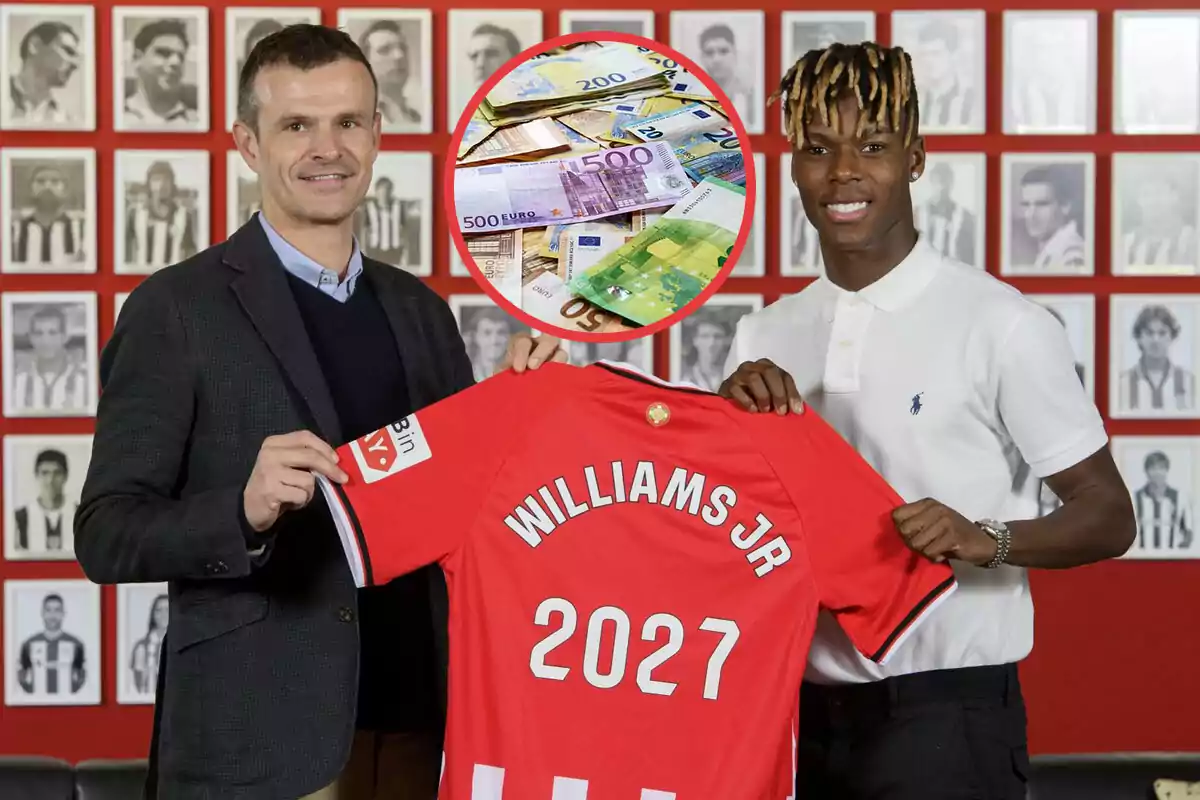 Dos personas sostienen una camiseta de fútbol roja con el nombre "Williams Jr" y el número "2027" en la parte trasera, con un fondo de fotos en blanco y negro y un círculo que muestra billetes de euro.