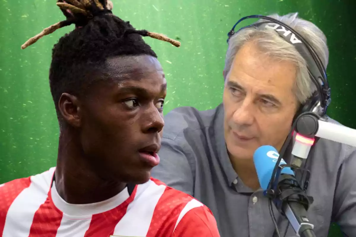 A player in a red and white striped jersey is next to a man with headphones and a microphone in a radio studio.