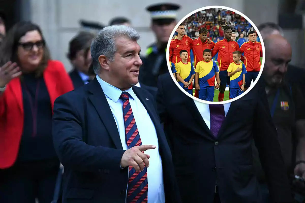 Laporta con traje y corbata a rayas rojas y azules, con un grupo de personas en el fondo, y un círculo insertado mostrando a jugadores de fútbol.