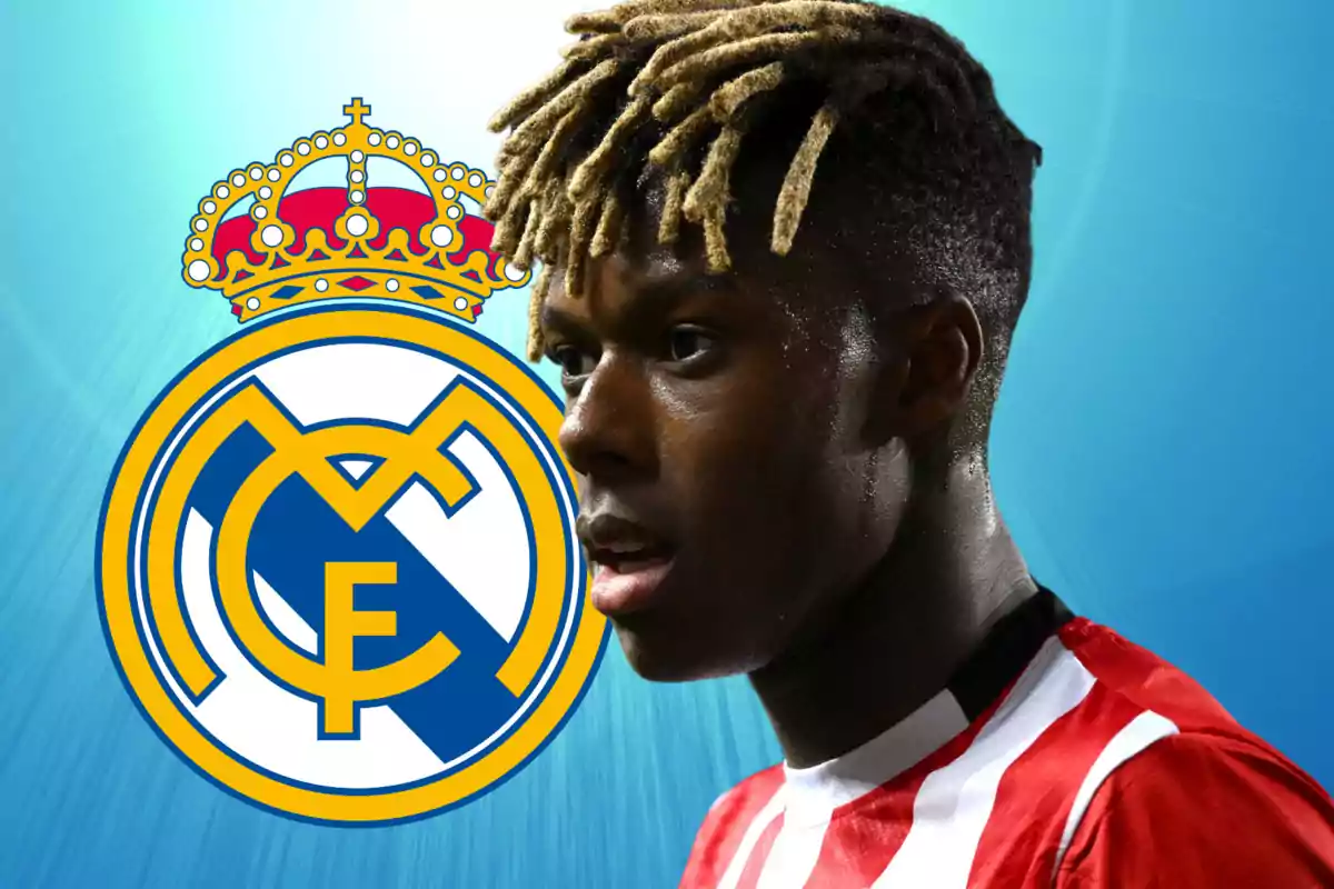 A player in a red and white striped jersey appears next to the Real Madrid crest on a blue background. A player in a red and white striped jersey appears next to the Real Madrid crest on a blue background.