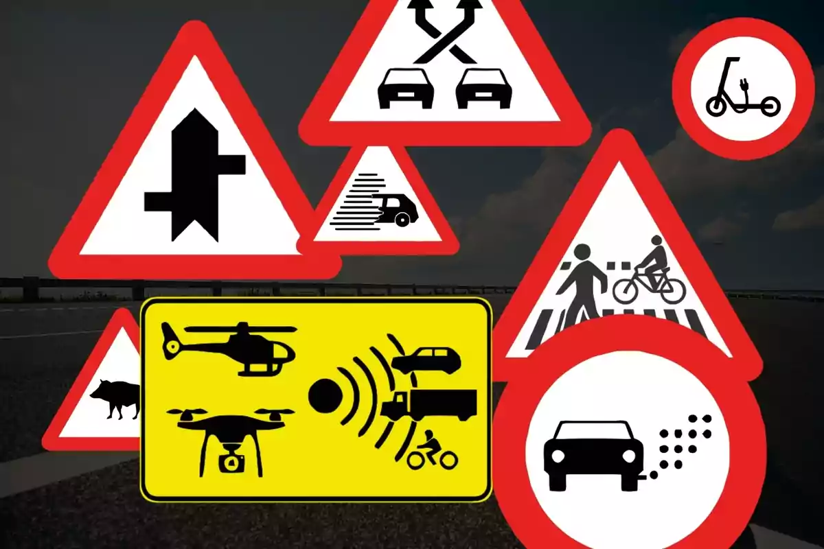 Señales de tráfico diversas, incluyendo advertencias de cruce de peatones y ciclistas, vehículos eléctricos, helicópteros, drones, animales y contaminación.