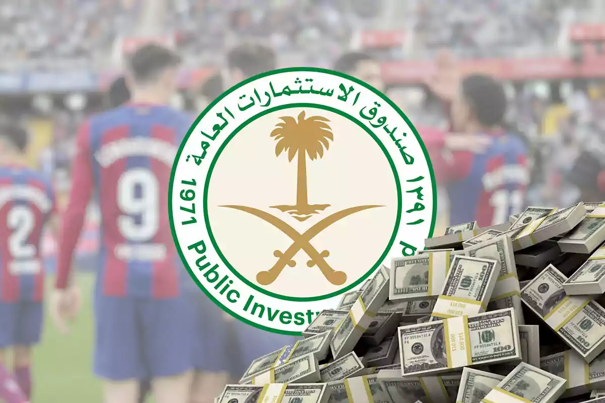 Un grupo de jugadores del FC Barcelona en el fondo, con el logo del Fondo de Inversión Pública de Arabia Saudita en el centro y una pila de billetes de dólar en la esquina inferior derecha.