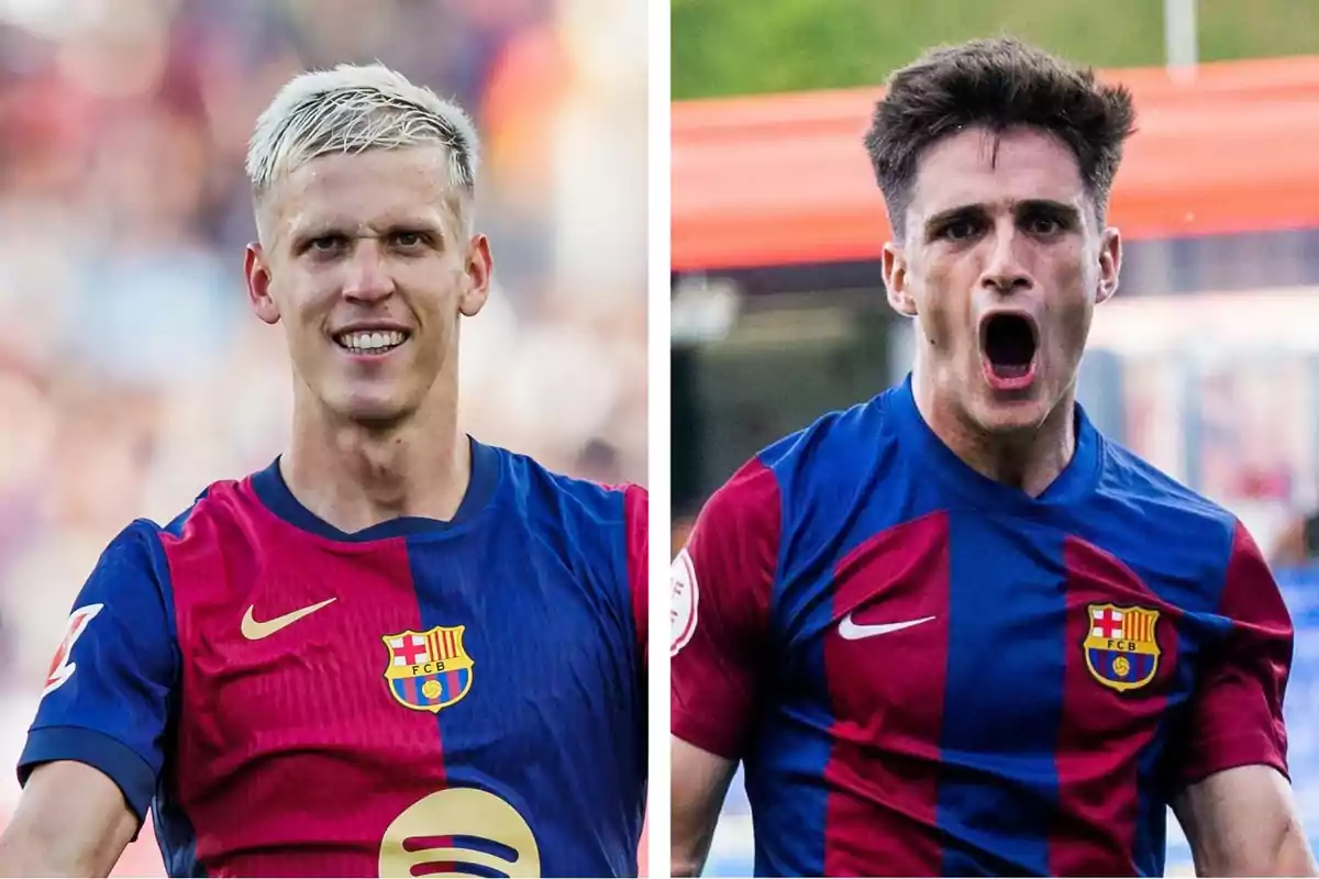 Two soccer players wearing FC Barcelona jerseys. Two soccer players wearing FC Barcelona jerseys.