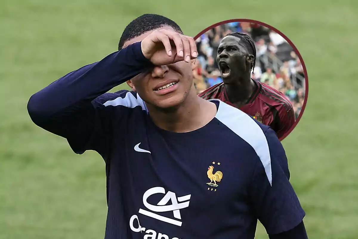 Mbappé con el uniforme de la selección francesa se cubre los ojos con el brazo, mientras que en el fondo se ve una imagen de Amadou Onana gritando.